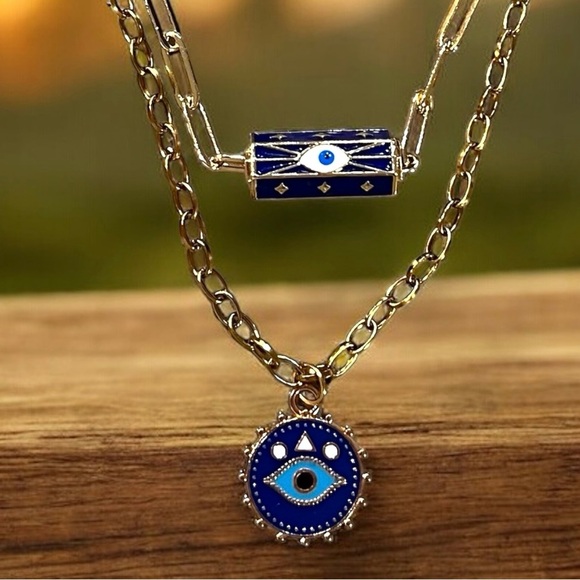 Gold toned and Blue Evil Eye Necklace Set Layer or wear alone - Picture 9 of 16